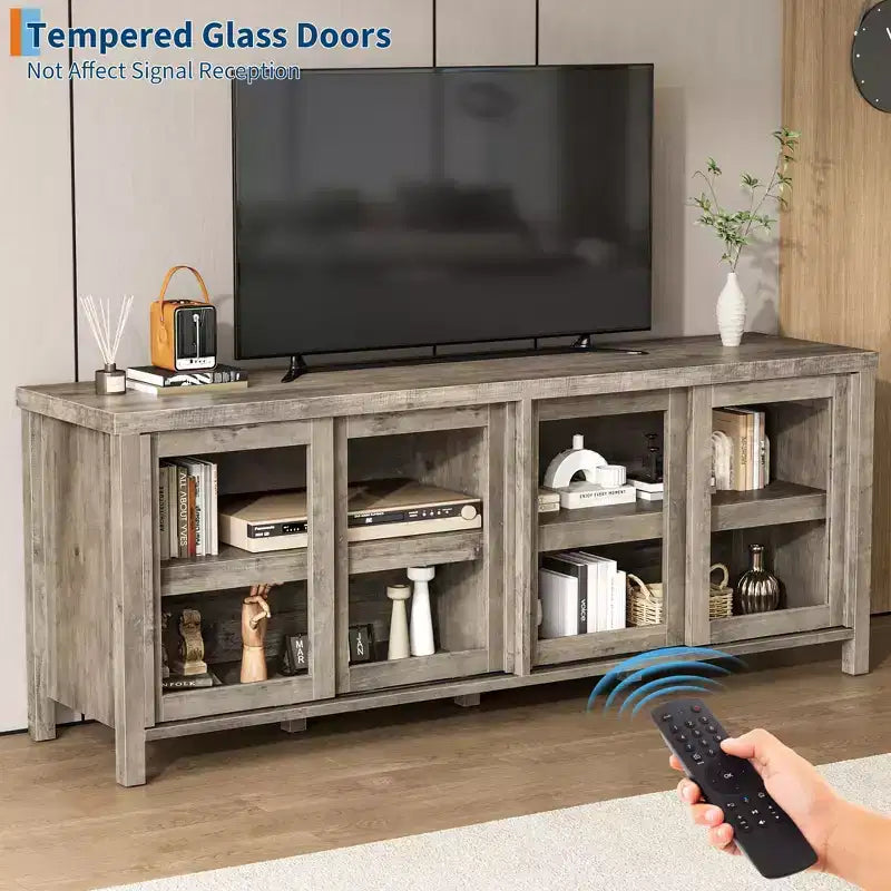 Mobile porta TV per 65 pollici, mobile TV di design con armadietto e 4 ante scorrevoli in vetro, moderno tavolo console TV per soggiorno, camera da letto