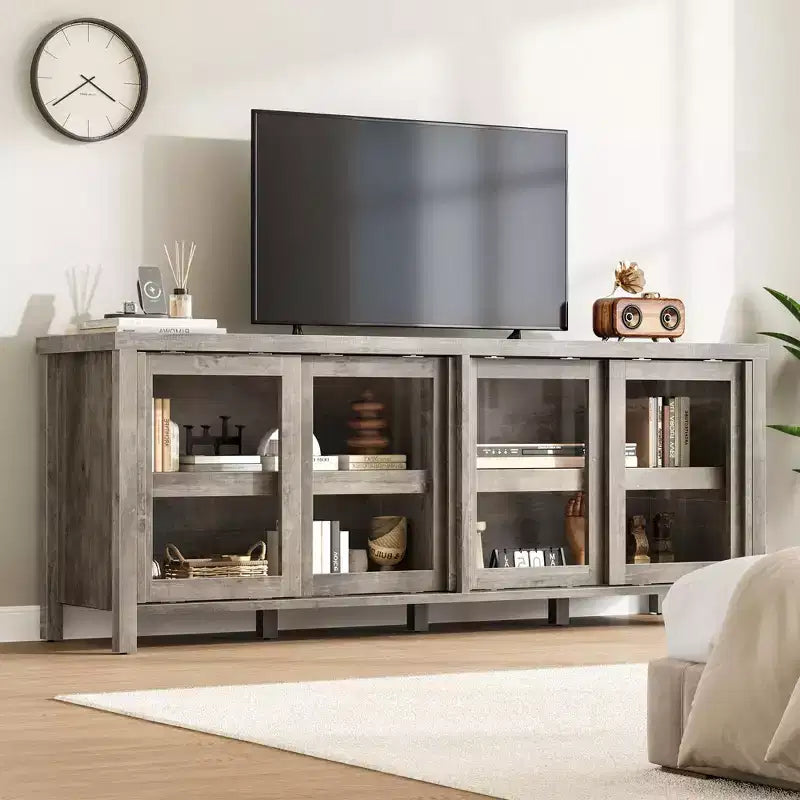Mobile porta TV per 65 pollici, mobile TV di design con armadietto e 4 ante scorrevoli in vetro, moderno tavolo console TV per soggiorno, camera da letto