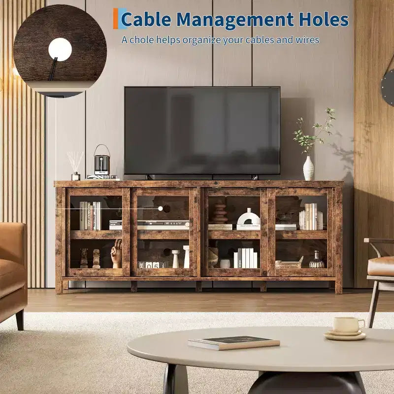 Mobile porta TV per 65 pollici, mobile TV di design con armadietto e 4 ante scorrevoli in vetro, moderno tavolo console TV per soggiorno, camera da letto