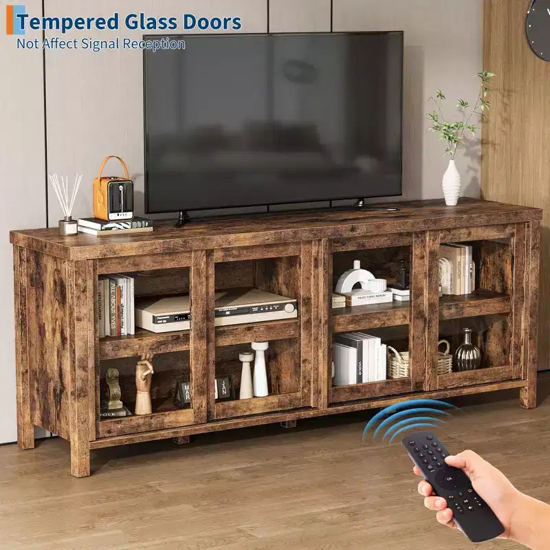 Mobile porta TV per 65 pollici, mobile TV di design con armadietto e 4 ante scorrevoli in vetro, moderno tavolo console TV per soggiorno, camera da letto