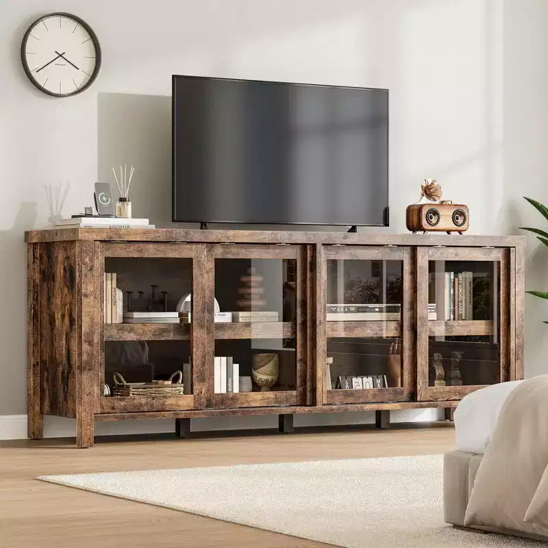 Mobile porta TV per 65 pollici, mobile TV di design con armadietto e 4 ante scorrevoli in vetro, moderno tavolo console TV per soggiorno, camera da letto