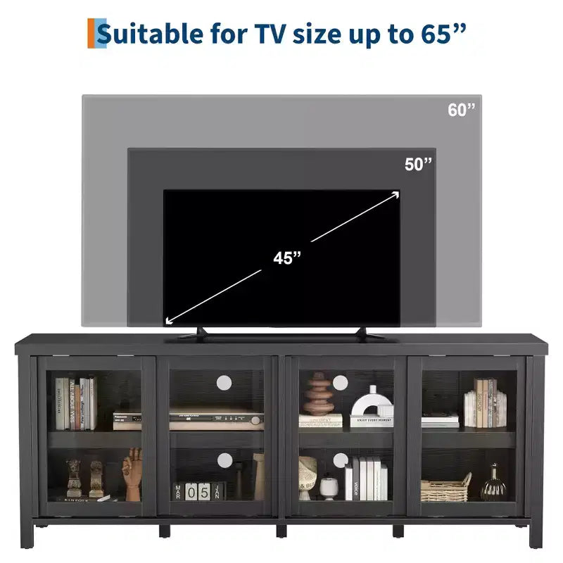 Mobile porta TV per 65 pollici, mobile TV di design con armadietto e 4 ante scorrevoli in vetro, moderno tavolo console TV per soggiorno, camera da letto