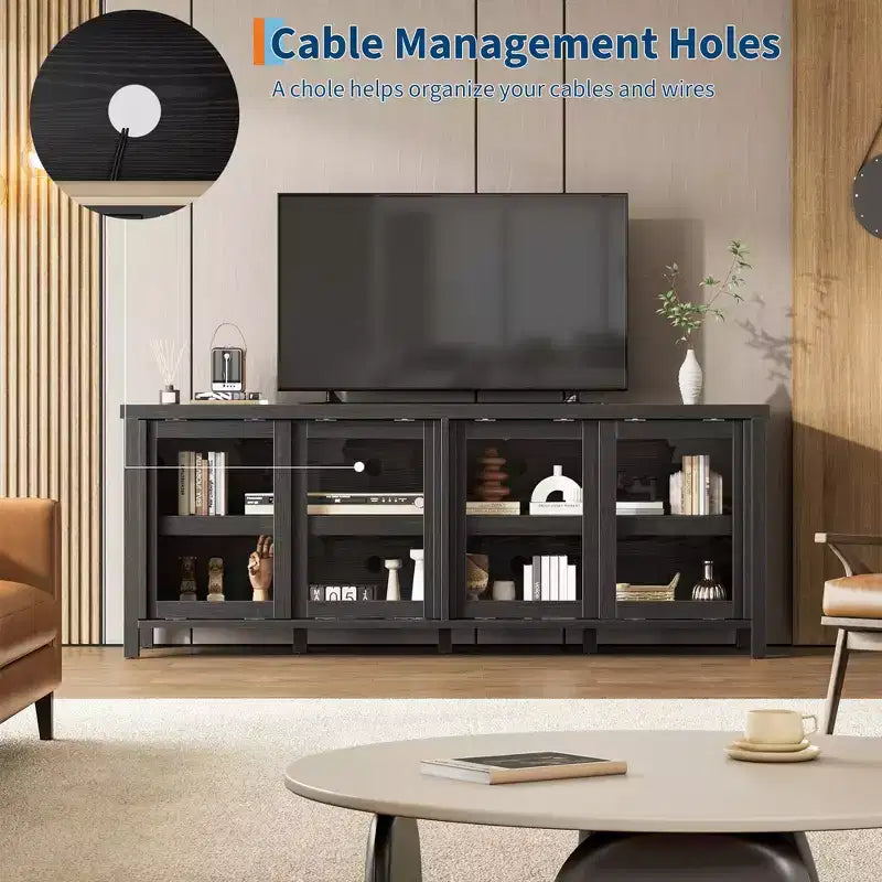 Mobile porta TV per 65 pollici, mobile TV di design con armadietto e 4 ante scorrevoli in vetro, moderno tavolo console TV per soggiorno, camera da letto