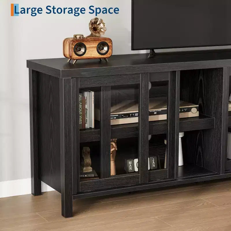 Mobile porta TV per 65 pollici, mobile TV di design con armadietto e 4 ante scorrevoli in vetro, moderno tavolo console TV per soggiorno, camera da letto