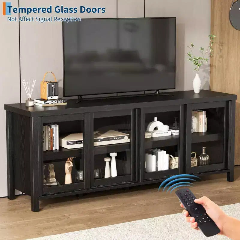 Mobile porta TV per 65 pollici, mobile TV di design con armadietto e 4 ante scorrevoli in vetro, moderno tavolo console TV per soggiorno, camera da letto