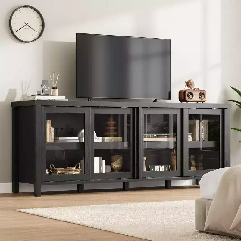 Mobile porta TV per 65 pollici, mobile TV di design con armadietto e 4 ante scorrevoli in vetro, moderno tavolo console TV per soggiorno, camera da letto