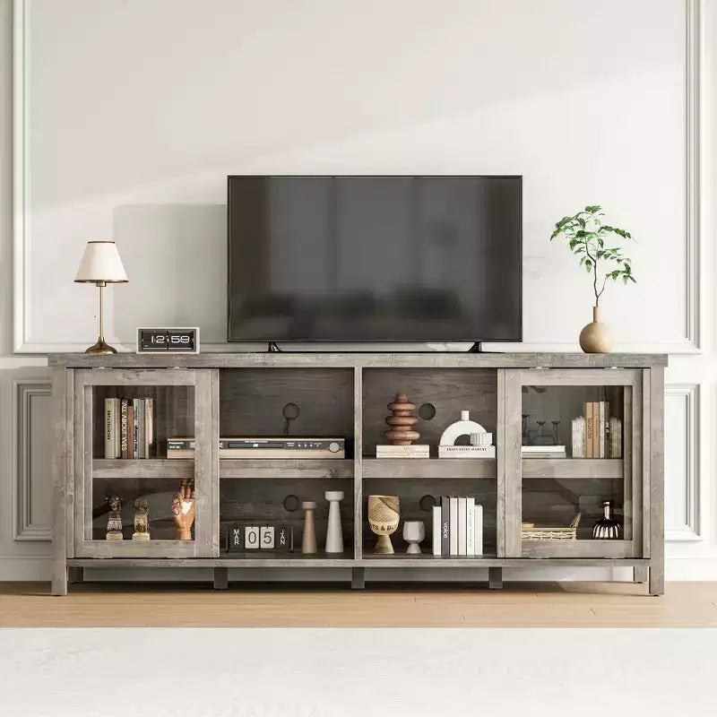 Mobile porta TV per 65 pollici, mobile TV di design con armadietto e 4 ante scorrevoli in vetro, moderno tavolo console TV per soggiorno, camera da letto