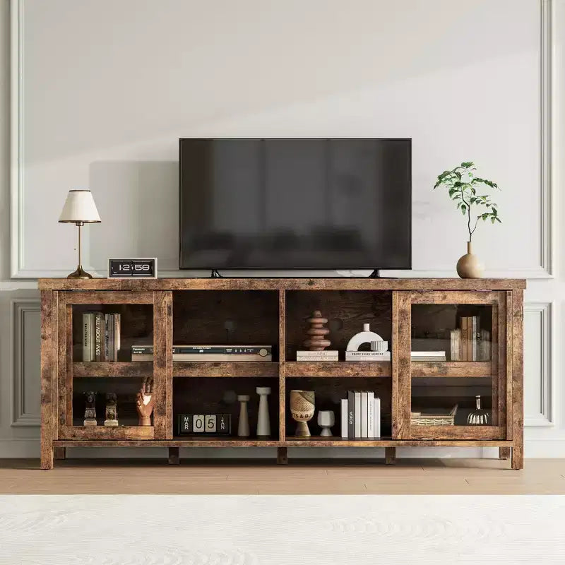 Mobile porta TV per 65 pollici, mobile TV di design con armadietto e 4 ante scorrevoli in vetro, moderno tavolo console TV per soggiorno, camera da letto