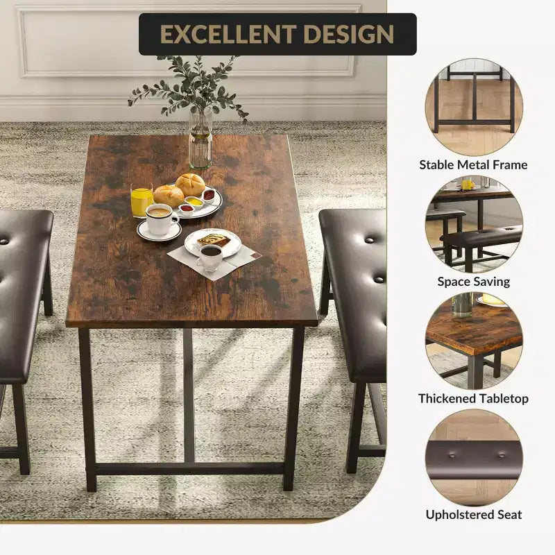 Set da pranzo di 3 pezzi per 4 persone, tavolo da cucina da 44 pollici con 2 panche, set da tavolo rettangolare in legno, tavolo da colazione salvaspazio, nero