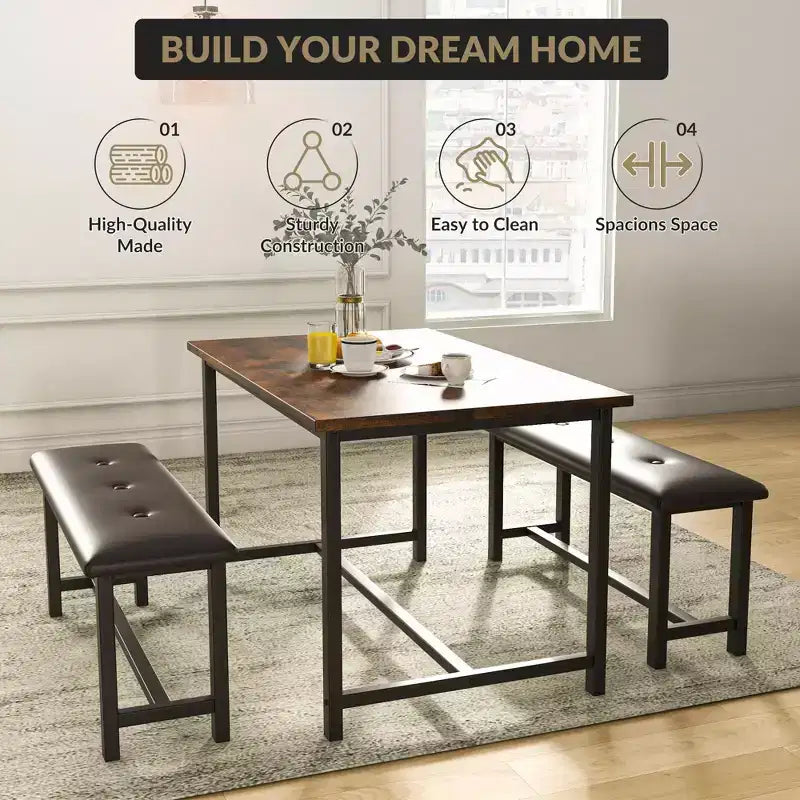 Set da pranzo di 3 pezzi per 4 persone, tavolo da cucina da 44 pollici con 2 panche, set da tavolo rettangolare in legno, tavolo da colazione salvaspazio, nero
