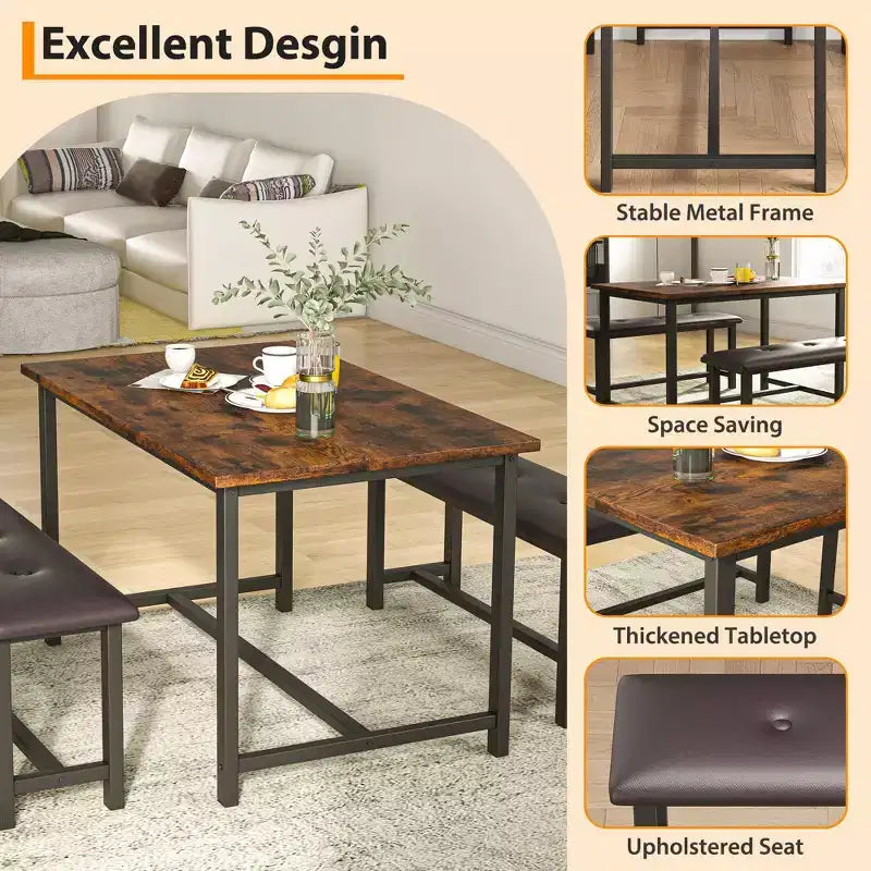 Set da pranzo di 3 pezzi per 4 persone, tavolo da cucina da 44 pollici con 2 panche, set da tavolo rettangolare in legno, tavolo da colazione salvaspazio, nero