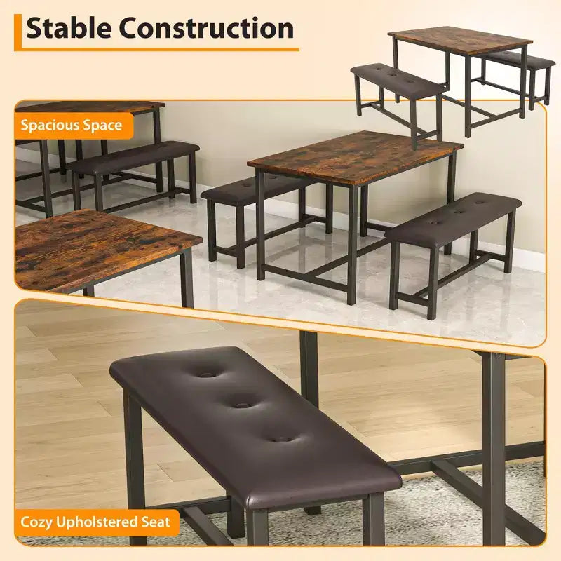 Set da pranzo di 3 pezzi per 4 persone, tavolo da cucina da 44 pollici con 2 panche, set da tavolo rettangolare in legno, tavolo da colazione salvaspazio, nero