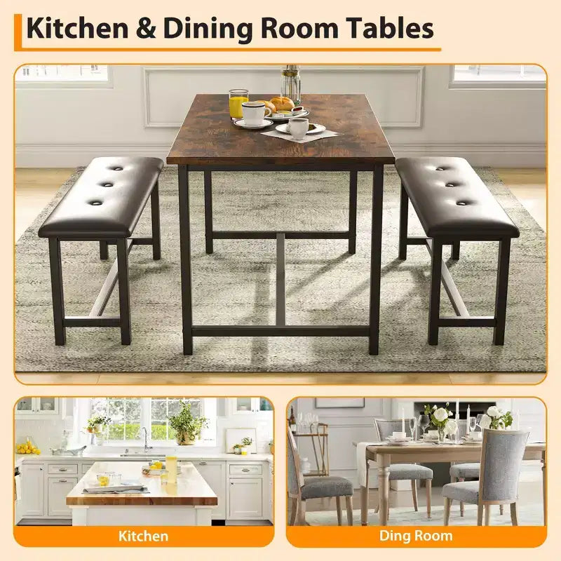 Set da pranzo di 3 pezzi per 4 persone, tavolo da cucina da 44 pollici con 2 panche, set da tavolo rettangolare in legno, tavolo da colazione salvaspazio, nero