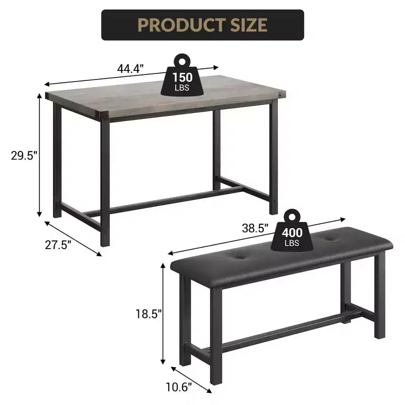 Set da pranzo di 3 pezzi per 4 persone, tavolo da cucina da 44 pollici con 2 panche, set da tavolo rettangolare in legno, tavolo da colazione salvaspazio, nero