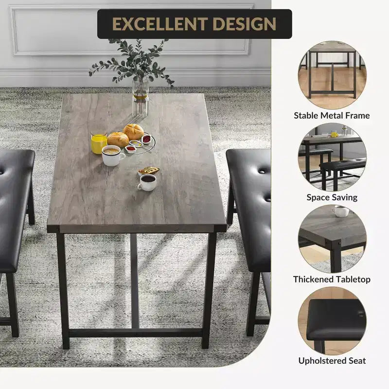 Set da pranzo di 3 pezzi per 4 persone, tavolo da cucina da 44 pollici con 2 panche, set da tavolo rettangolare in legno, tavolo da colazione salvaspazio, nero