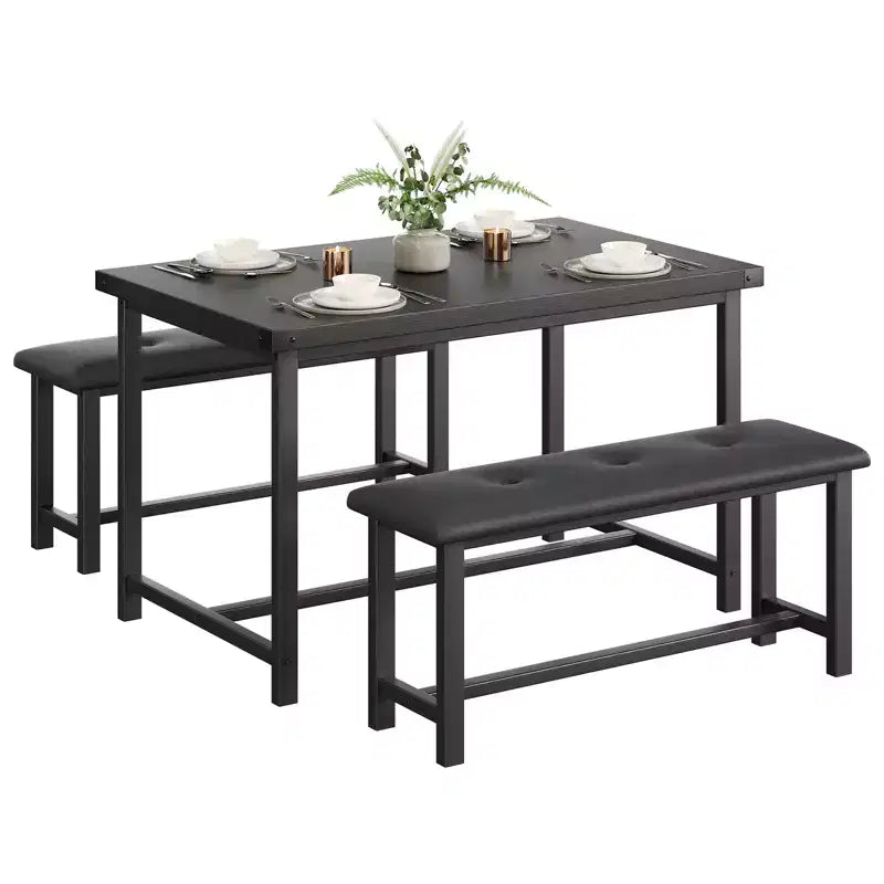 Set da pranzo di 3 pezzi per 4 persone, tavolo da cucina da 44 pollici con 2 panche, set da tavolo rettangolare in legno, tavolo da colazione salvaspazio, nero