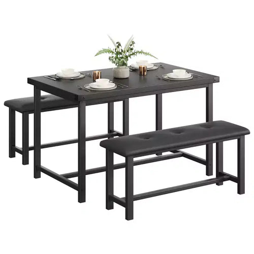 Set da pranzo di 3 pezzi per 4 persone, tavolo da cucina da 44 pollici con 2 panche, set da tavolo rettangolare in legno, tavolo da colazione salvaspazio, nero