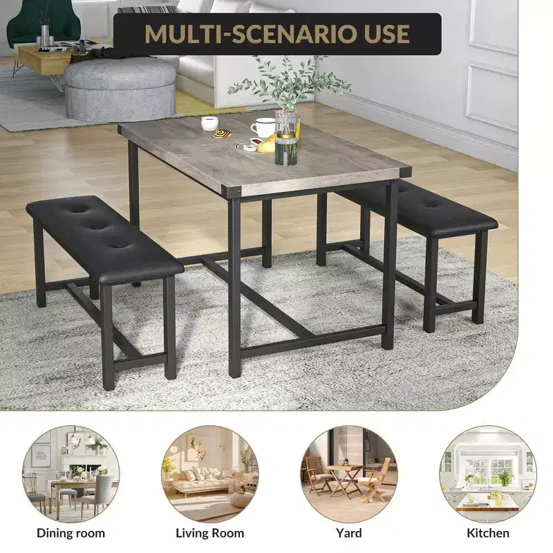 Set da pranzo di 3 pezzi per 4 persone, tavolo da cucina da 44 pollici con 2 panche, set da tavolo rettangolare in legno, tavolo da colazione salvaspazio, nero