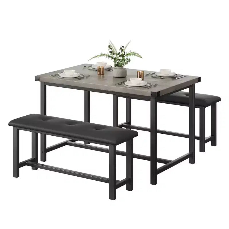 Set da pranzo di 3 pezzi per 4 persone, tavolo da cucina da 44 pollici con 2 panche, set da tavolo rettangolare in legno, tavolo da colazione salvaspazio, nero
