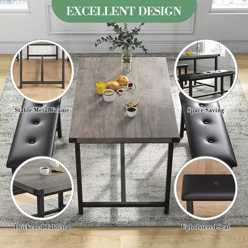 Set da pranzo di 3 pezzi per 4 persone, tavolo da cucina da 44 pollici con 2 panche, set da tavolo rettangolare in legno, tavolo da colazione salvaspazio, nero