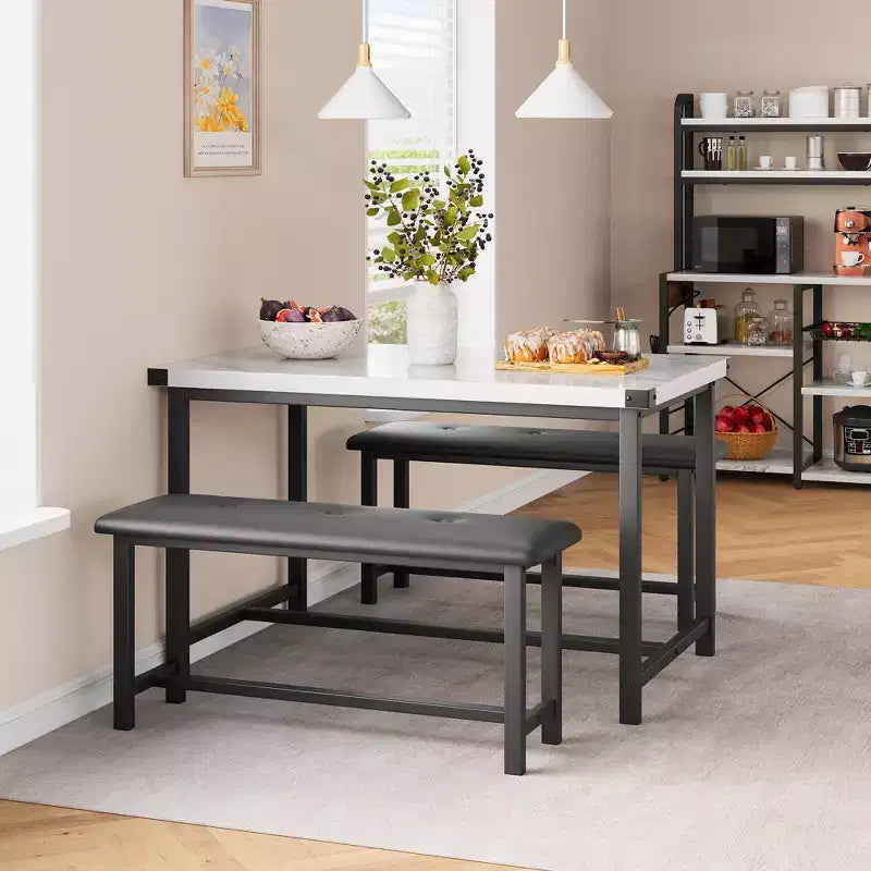 Set da pranzo di 3 pezzi per 4 persone, tavolo da cucina da 44 pollici con 2 panche, set da tavolo rettangolare in legno, tavolo da colazione salvaspazio, nero
