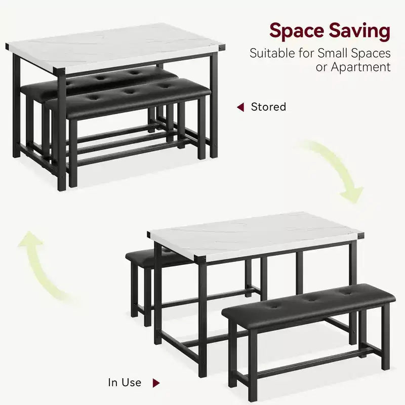 Set da pranzo di 3 pezzi per 4 persone, tavolo da cucina da 44 pollici con 2 panche, set da tavolo rettangolare in legno, tavolo da colazione salvaspazio, nero