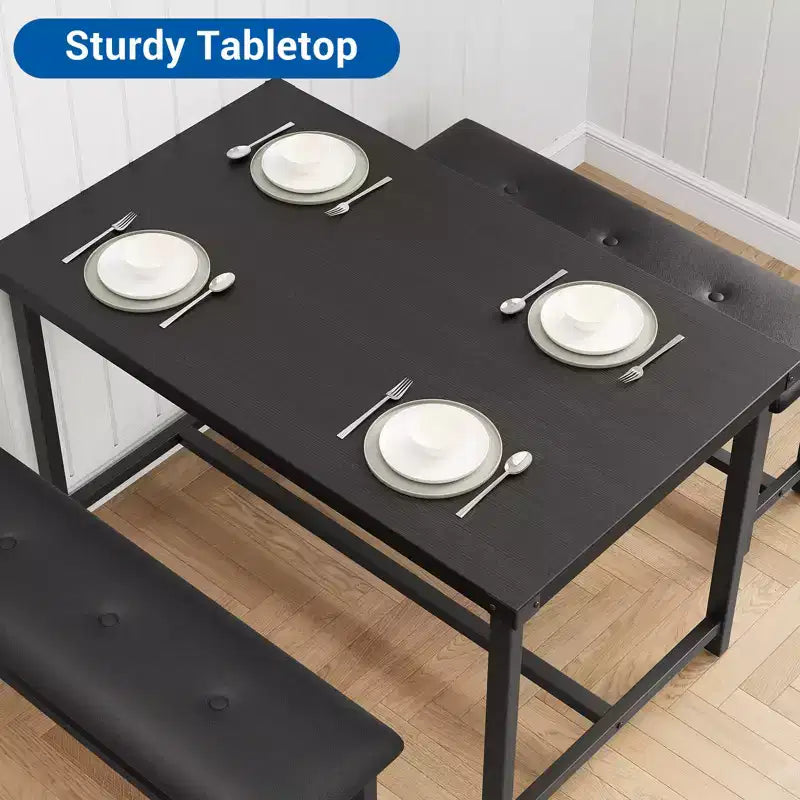 Set da pranzo di 3 pezzi per 4 persone, tavolo da cucina da 44 pollici con 2 panche, set da tavolo rettangolare in legno, tavolo da colazione salvaspazio, nero