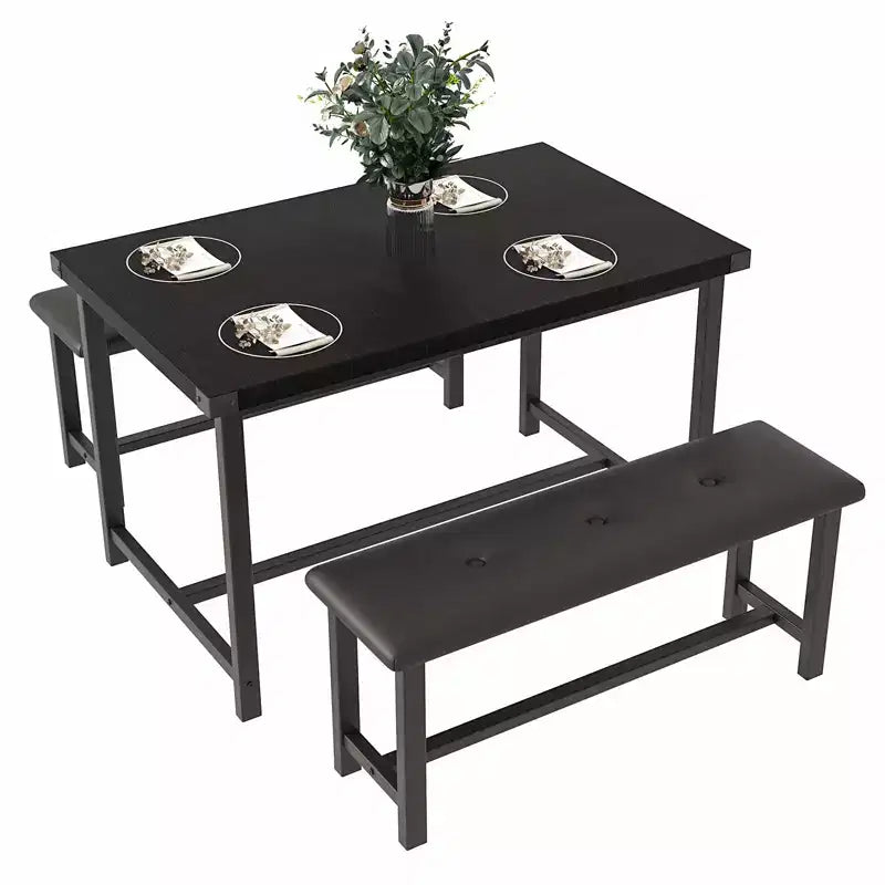 Set da pranzo di 3 pezzi per 4 persone, tavolo da cucina da 44 pollici con 2 panche, set da tavolo rettangolare in legno, tavolo da colazione salvaspazio, nero