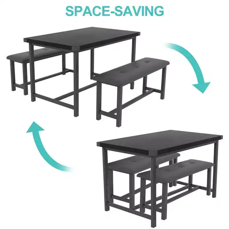 Set da pranzo di 3 pezzi per 4 persone, tavolo da cucina da 44 pollici con 2 panche, set da tavolo rettangolare in legno, tavolo da colazione salvaspazio, nero