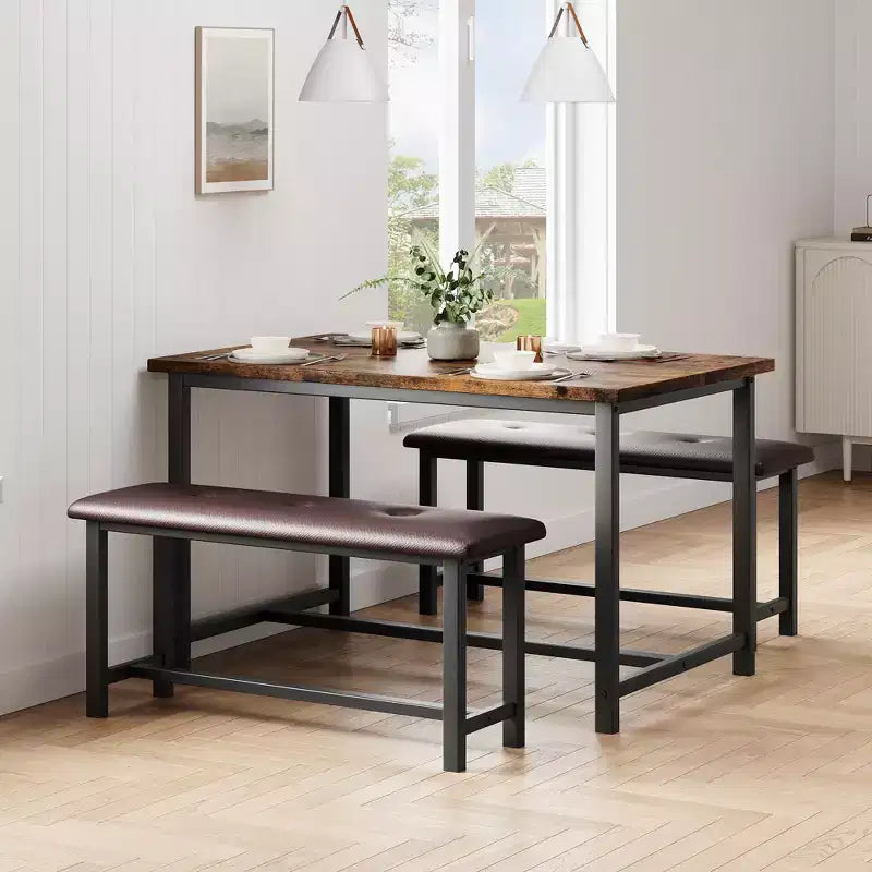 Set da pranzo di 3 pezzi per 4 persone, tavolo da cucina da 44 pollici con 2 panche, set da tavolo rettangolare in legno, tavolo da colazione salvaspazio, nero