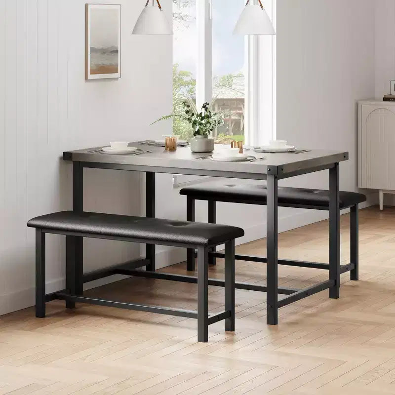 Set da pranzo di 3 pezzi per 4 persone, tavolo da cucina da 44 pollici con 2 panche, set da tavolo rettangolare in legno, tavolo da colazione salvaspazio, nero