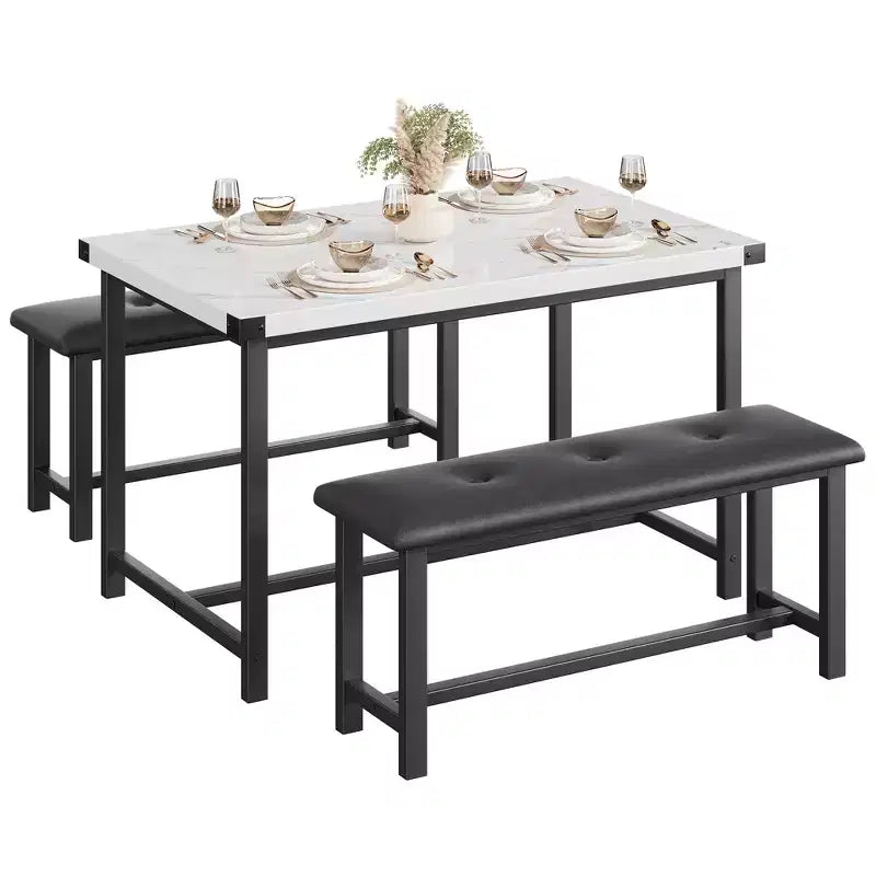 Set da pranzo di 3 pezzi per 4 persone, tavolo da cucina da 44 pollici con 2 panche, set da tavolo rettangolare in legno, tavolo da colazione salvaspazio, nero