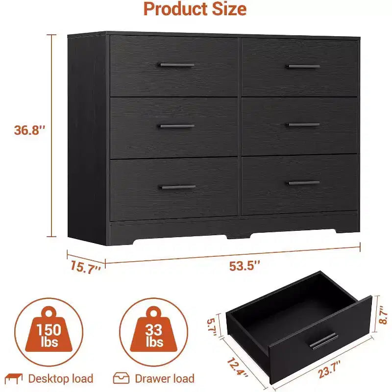 Acekool Cassettiera a 6 Cassetti, Comò Moderno con Maniglie in Metallo, Porta TV in Legno e Organizzatore di Archiviazione per Camera da Letto, Soggiorno