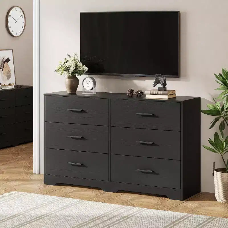 Acekool Cassettiera a 6 Cassetti, Comò Moderno con Maniglie in Metallo, Porta TV in Legno e Organizzatore di Archiviazione per Camera da Letto, Soggiorno