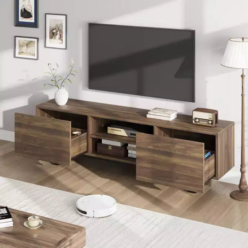 Mobile TV Industriale per 75 Pollici, Mobile Porta TV Naturale con 2 Cassetti e Gamba di Supporto Resistente, Mobile Contenitore in Legno Consolle TV