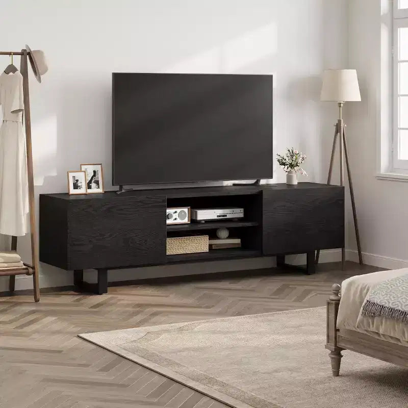 Mobile TV Industriale per 75 Pollici, Mobile Porta TV Naturale con 2 Cassetti e Gamba di Supporto Resistente, Mobile Contenitore in Legno Consolle TV