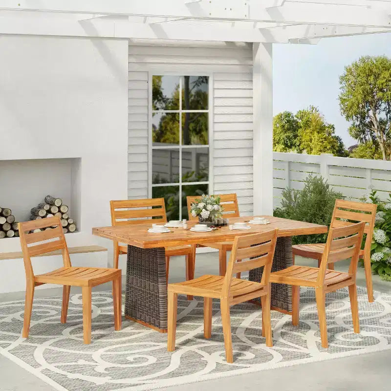 Christopher Knight Home Penelope Set da Pranzo Rustico da Esterno di 7 Pezzi in Legno di Acacia con Tavolo in Rattan a Doghe