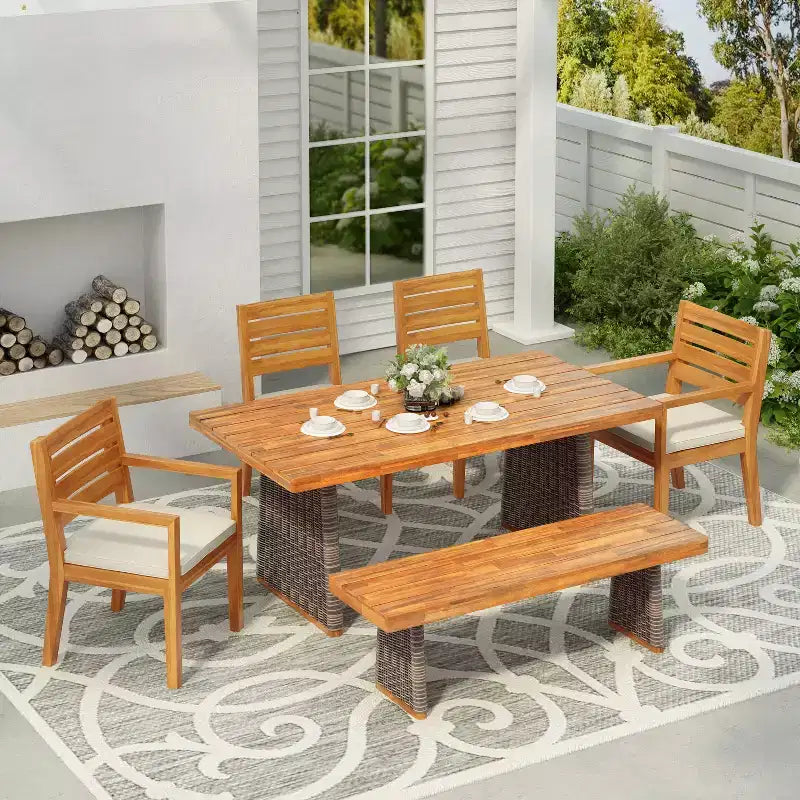 Christopher Knight Home Miranda, set da pranzo rustico da esterno in 6 pezzi con vimini, legno di acacia a doghe e cuscini