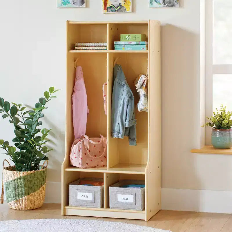 Mobile Contenitore in Legno a 2 Sezioni Guidecraft EdQ con Panca per Aula, Organizzatore a Cubi per Bambini con Scaffali e Ganci per Cappotti