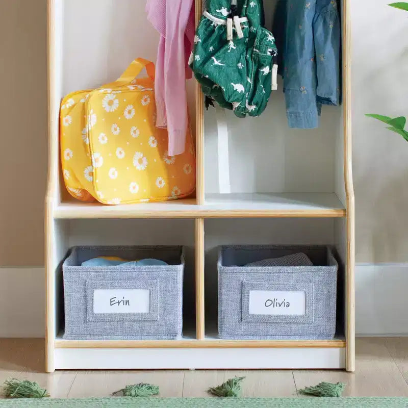 Mobile Contenitore in Legno a 2 Sezioni Guidecraft EdQ con Panca per Aula, Organizzatore a Cubi per Bambini con Scaffali e Ganci per Cappotti
