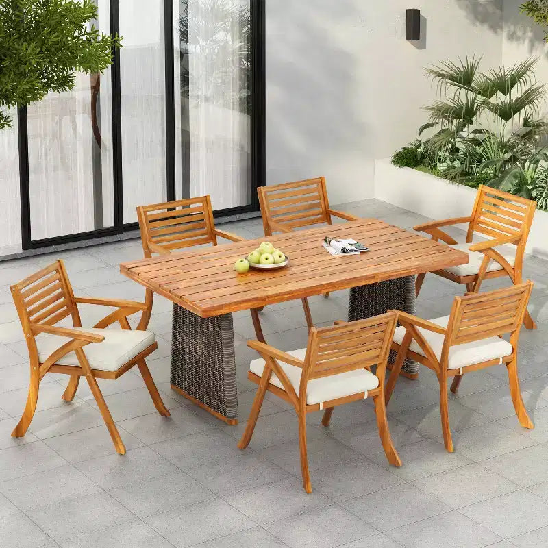 Christopher Knight Home Diana Set da Pranzo Rustico da Esterno 7 Pezzi in Rattan e Legno di Acacia a Doghe con Cuscini