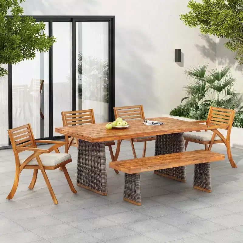 Christopher Knight Home Clara Set da Pranzo Rustico da Esterno 6 Pezzi in Rattan e Legno di Acacia con Cuscini