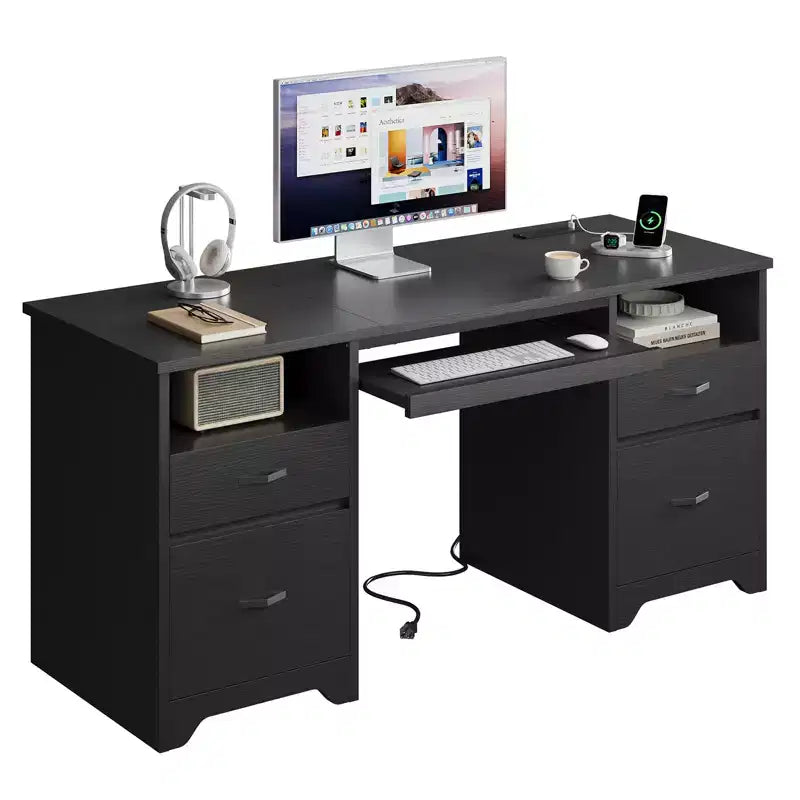 Bestier Scrivania da Ufficio da 150 cm con Stazione di Ricarica e Vassoio Tastiera, Scrivania per Computer con Cassetti, Scrivania Direzionale Moderna per Ufficio Domestico