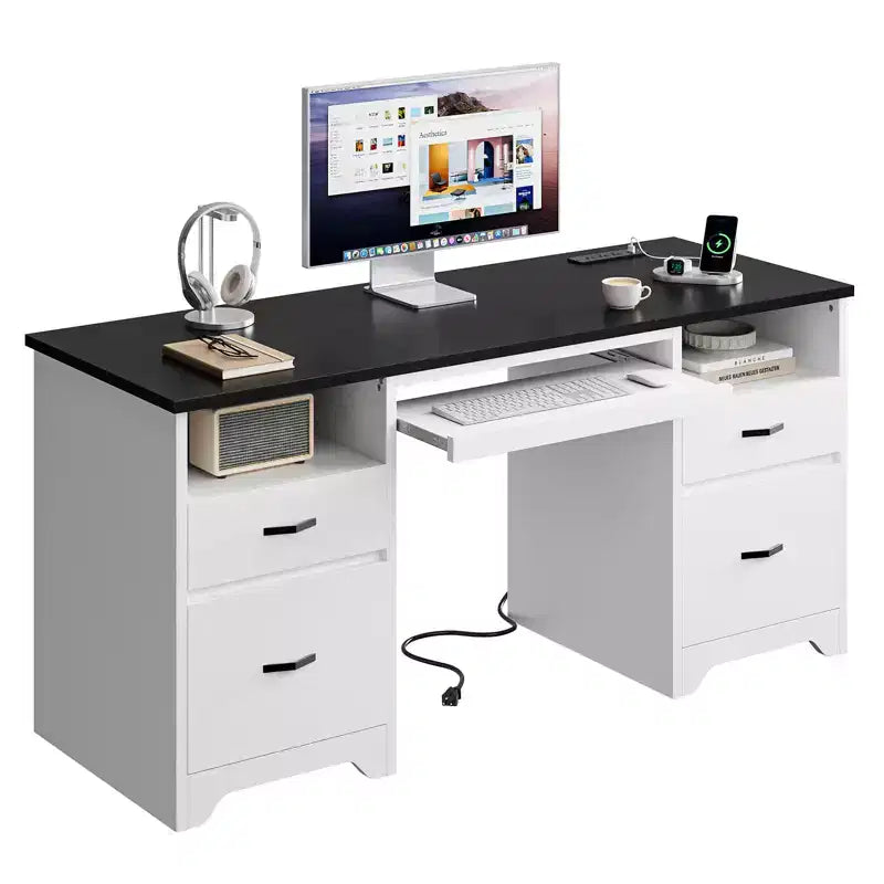 Bestier Scrivania da Ufficio da 150 cm con Stazione di Ricarica e Vassoio Tastiera, Scrivania per Computer con Cassetti, Scrivania Direzionale Moderna per Ufficio Domestico