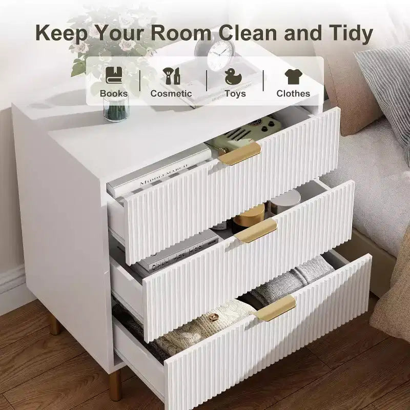 Cassettiera Moderna a 3 Cassetti - Maniglie Dorate e Ampio Spazio Contenitivo per Camera da Letto e Soggiorno