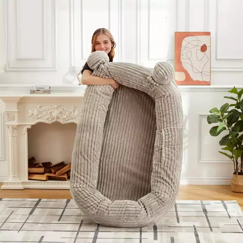 Cuscino per Cani Umano, 180x114x30cm Letto per Cani Grande con Coperta, Tasche Portaoggetti, Maniglia Portatile, Rivestimento Sfoderabile, Cuccia per Animali Domestici a Misura d'Uomo per Adulti