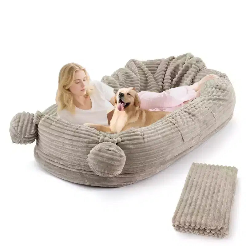 Cuscino per Cani Umano, 180x114x30cm Letto per Cani Grande con Coperta, Tasche Portaoggetti, Maniglia Portatile, Rivestimento Sfoderabile, Cuccia per Animali Domestici a Misura d'Uomo per Adulti