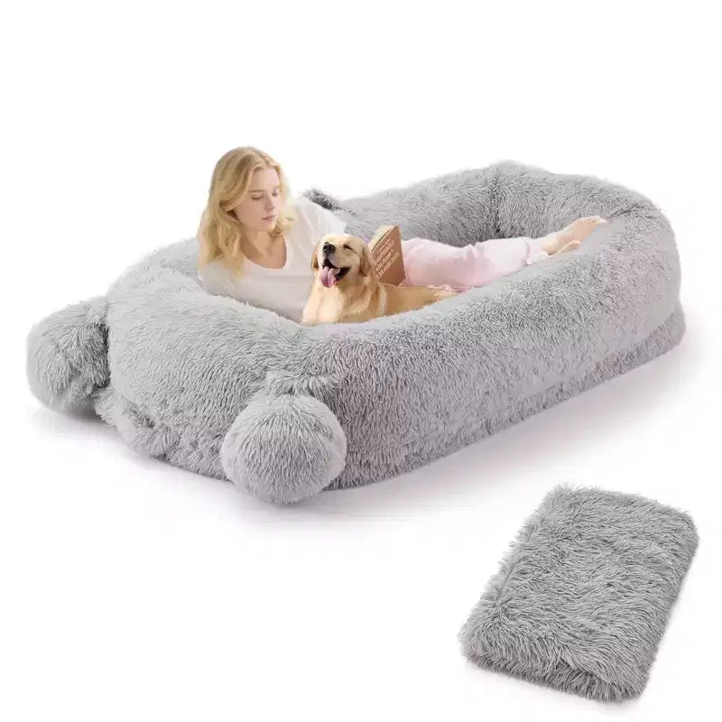 Cuscino per Cani Umano, 180x114x30cm Letto per Cani Grande con Coperta, Tasche Portaoggetti, Maniglia Portatile, Rivestimento Sfoderabile, Cuccia per Animali Domestici a Misura d'Uomo per Adulti