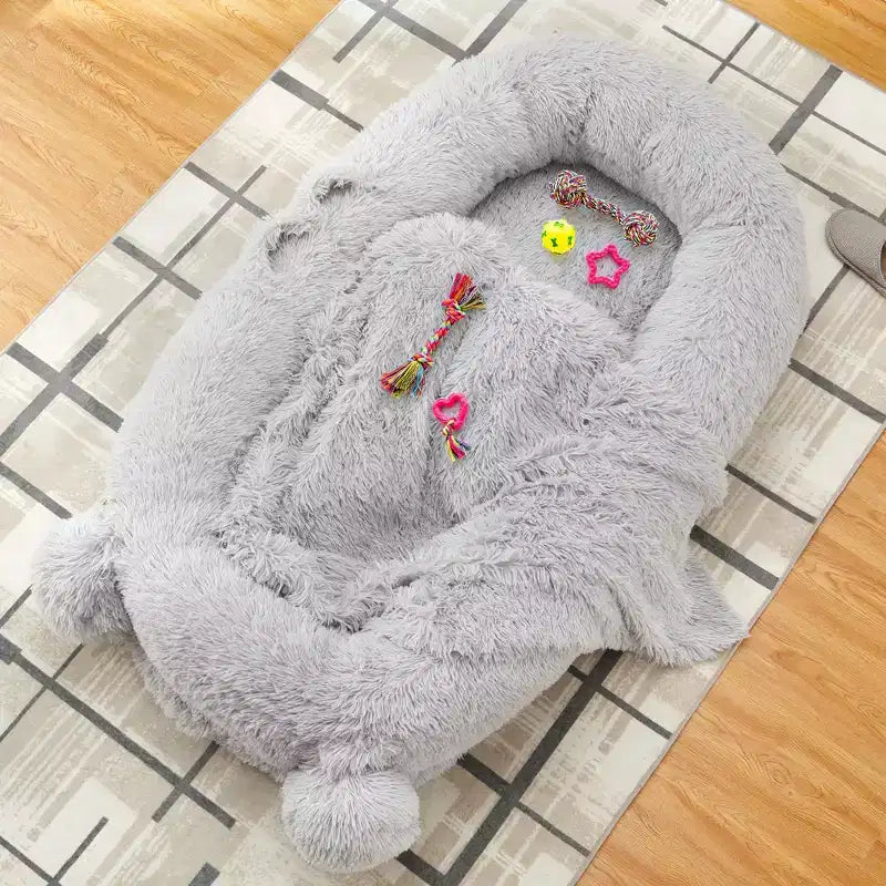 Cuscino per Cani Umano, 180x114x30cm Letto per Cani Grande con Coperta, Tasche Portaoggetti, Maniglia Portatile, Rivestimento Sfoderabile, Cuccia per Animali Domestici a Misura d'Uomo per Adulti