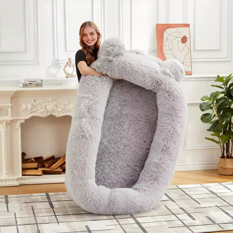 Cuscino per Cani Umano, 180x114x30cm Letto per Cani Grande con Coperta, Tasche Portaoggetti, Maniglia Portatile, Rivestimento Sfoderabile, Cuccia per Animali Domestici a Misura d'Uomo per Adulti